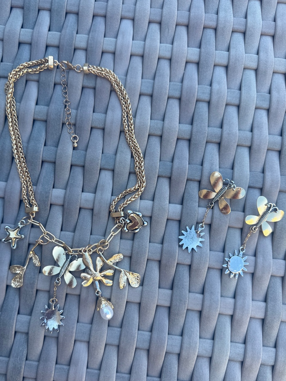Gold Multi-Charm Pendant Necklace & Sun Earrings Set